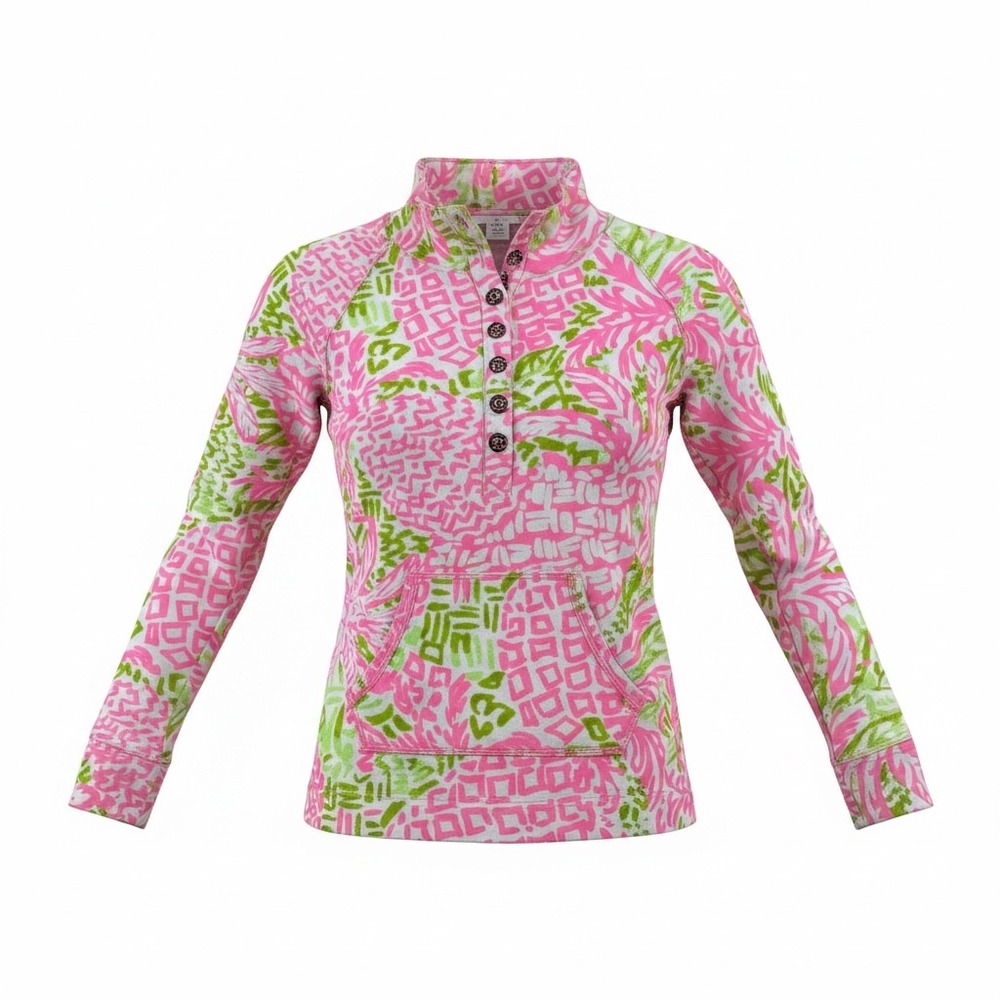 Lilly Pulitzer Skipper Popover Sweatshirt Pink Green Tropical Print Womens Small